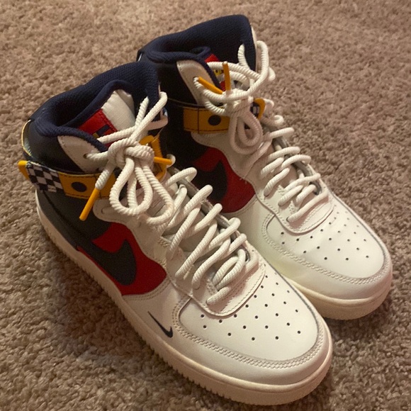 Air Force 1s highs, white, cream, blue, red and yellow. - Picture 1 of 3